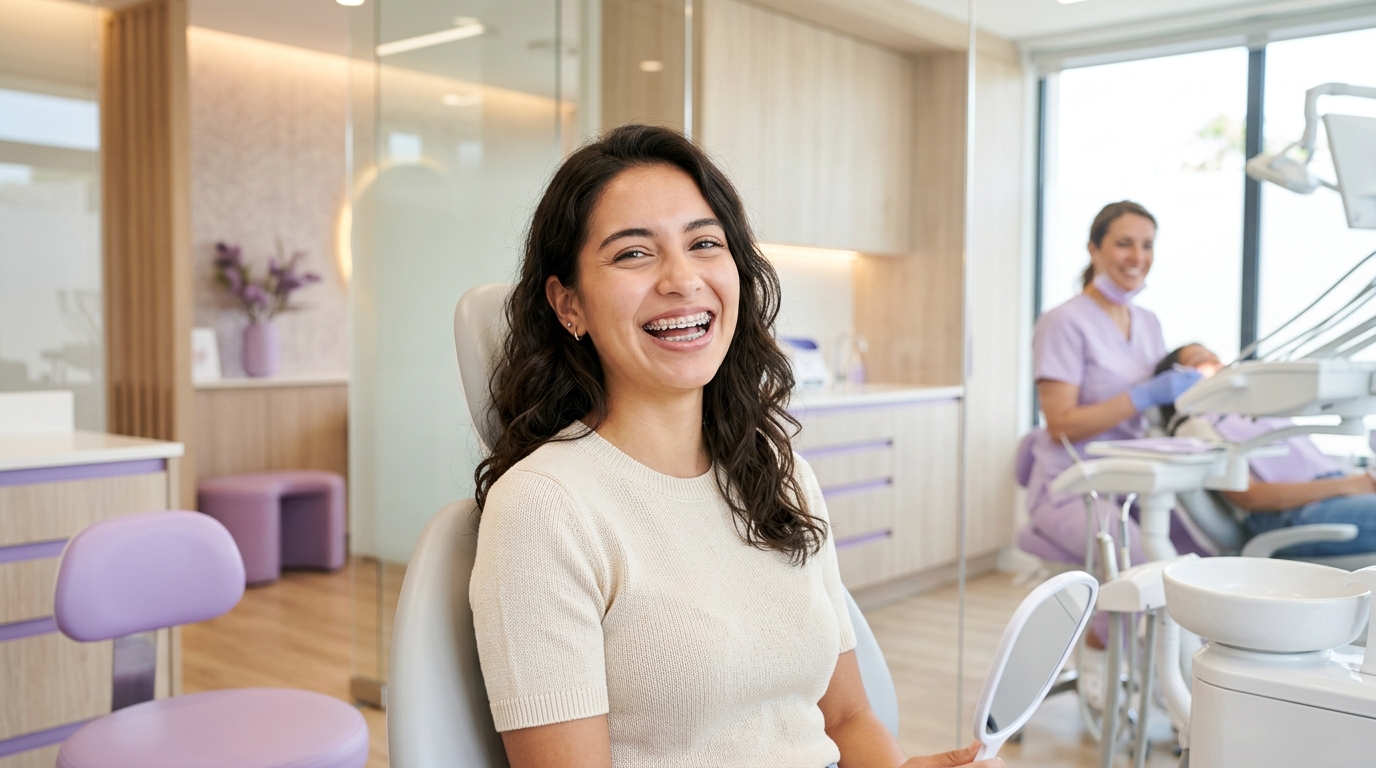Jovem sorrindo com confiança após tratamento ortodôntico