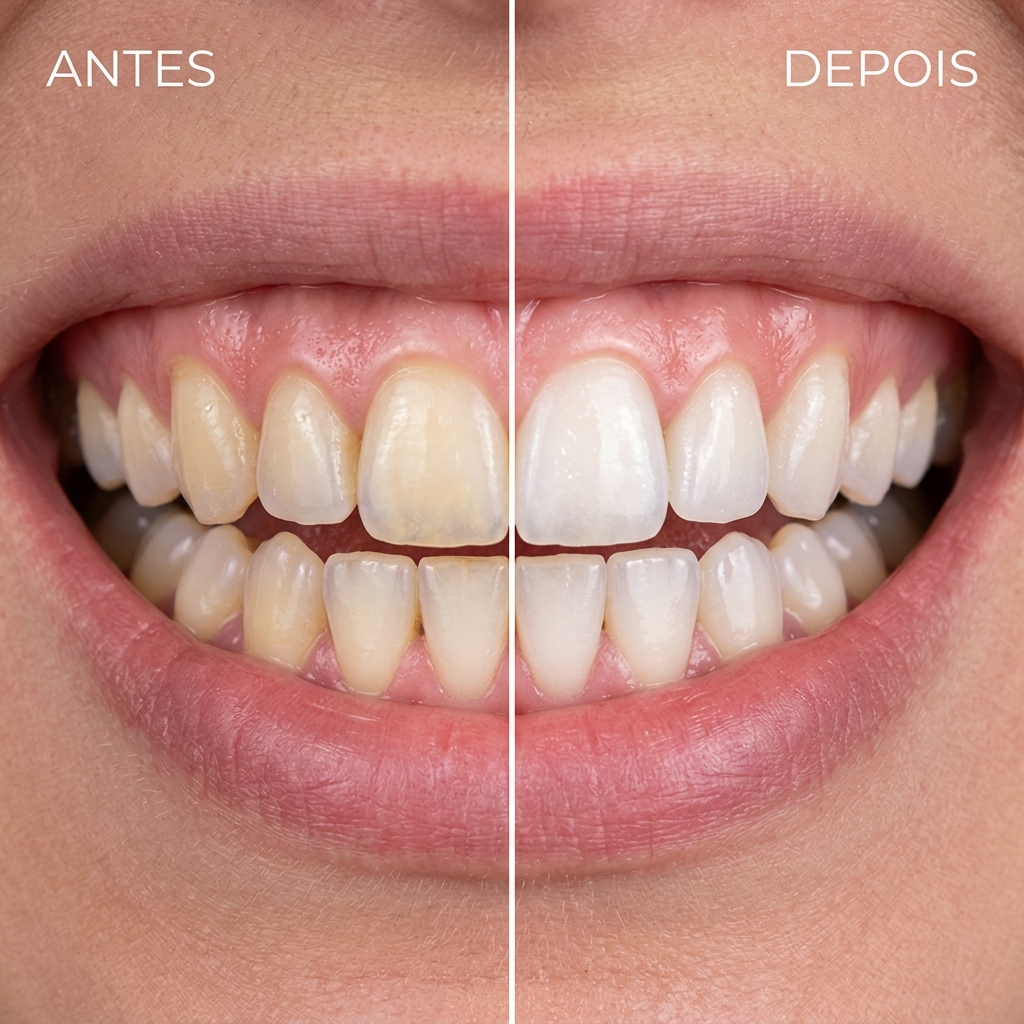 Comparativo de antes e depois do clareamento dental profissional na Odontologia Itaguaí