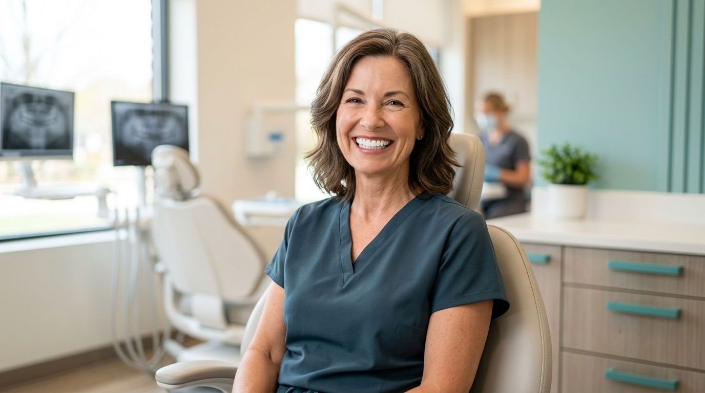 Paciente sorrindo com confiança após implante dentário