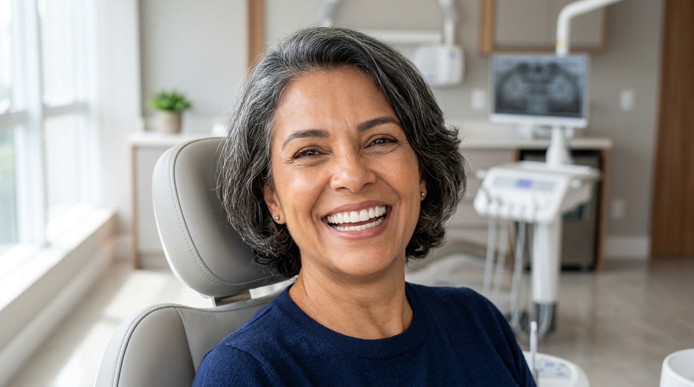 Paciente satisfeita com sorriso totalmente reabilitado